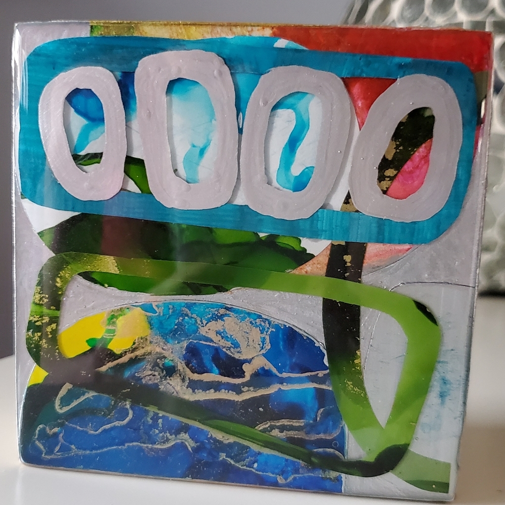 SOLD Abstract Collage Resin Shelf, Wall Art (4×4 in)